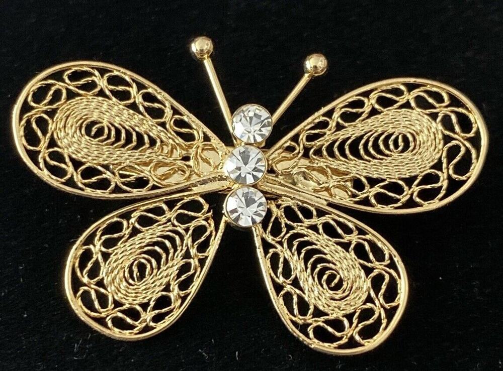 Gold Filigree 3 Rhinestones For Body Butterfly 2” Pin Brooch